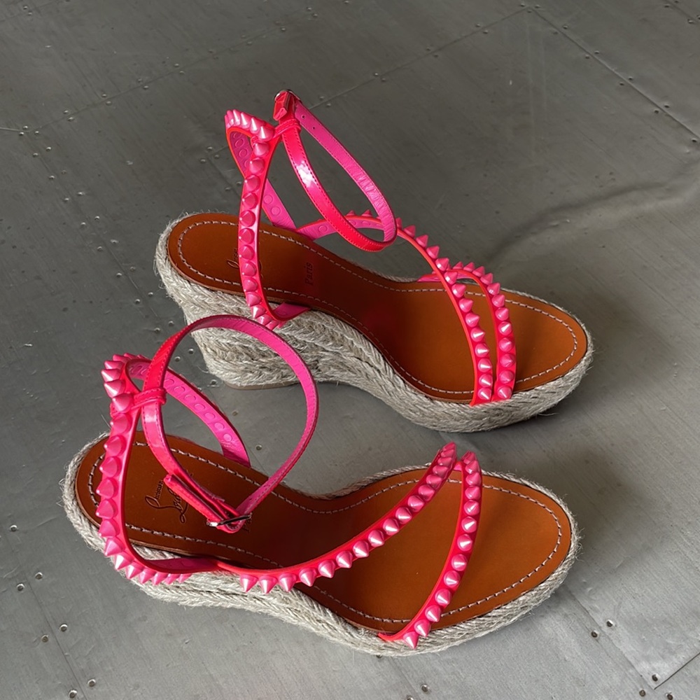 Christian louboutin mafaldina 120mm wedge espadrille pink neon sandal sz 40 - Picture 3 of 14